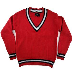 Broadway 38 Sweater Women's M Red V-Neck Preppy Varsity White Black Stripe